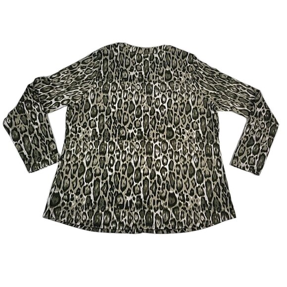 Belle Kim Gravel Blous Sz M Green White Animal Print Pullover V-Neck Long Sleeve - Picture 6 of 10
